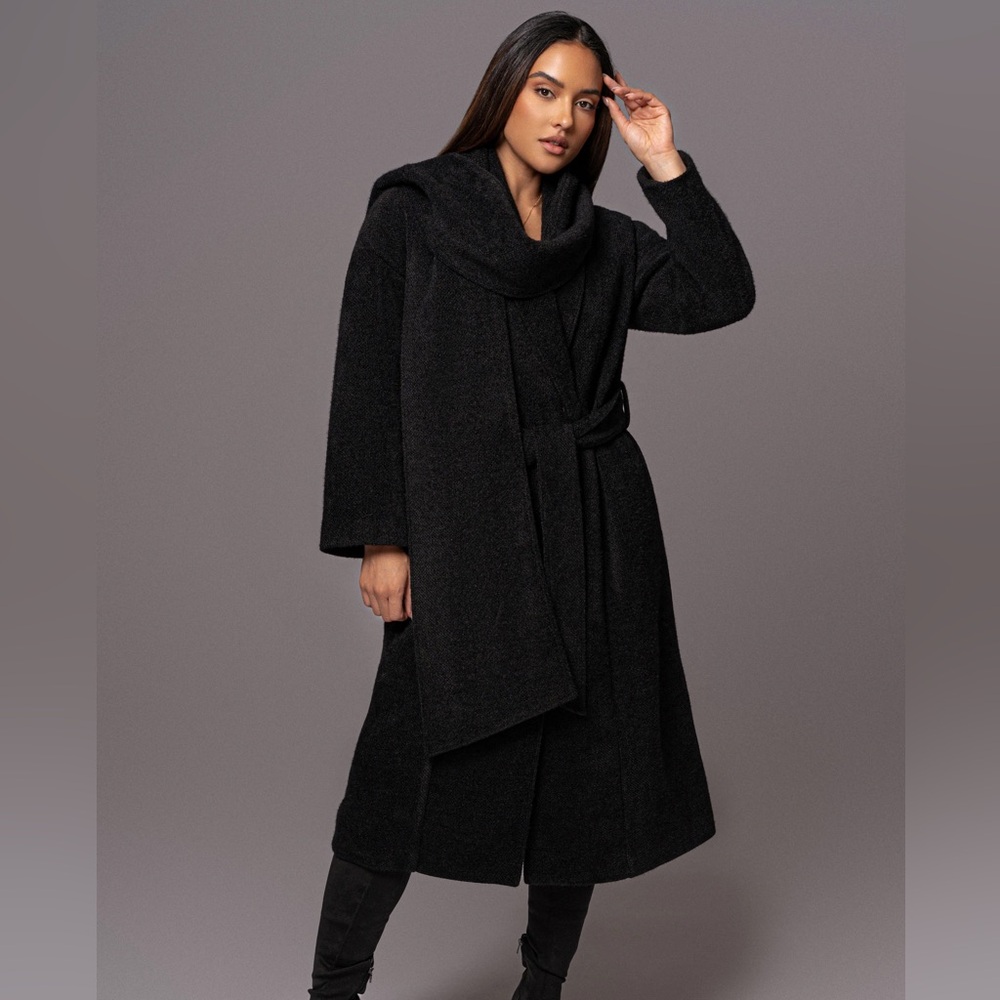 JLUX LABEL Black Jonah Coat with scarf - Elegant Black Women's Sweater Coat